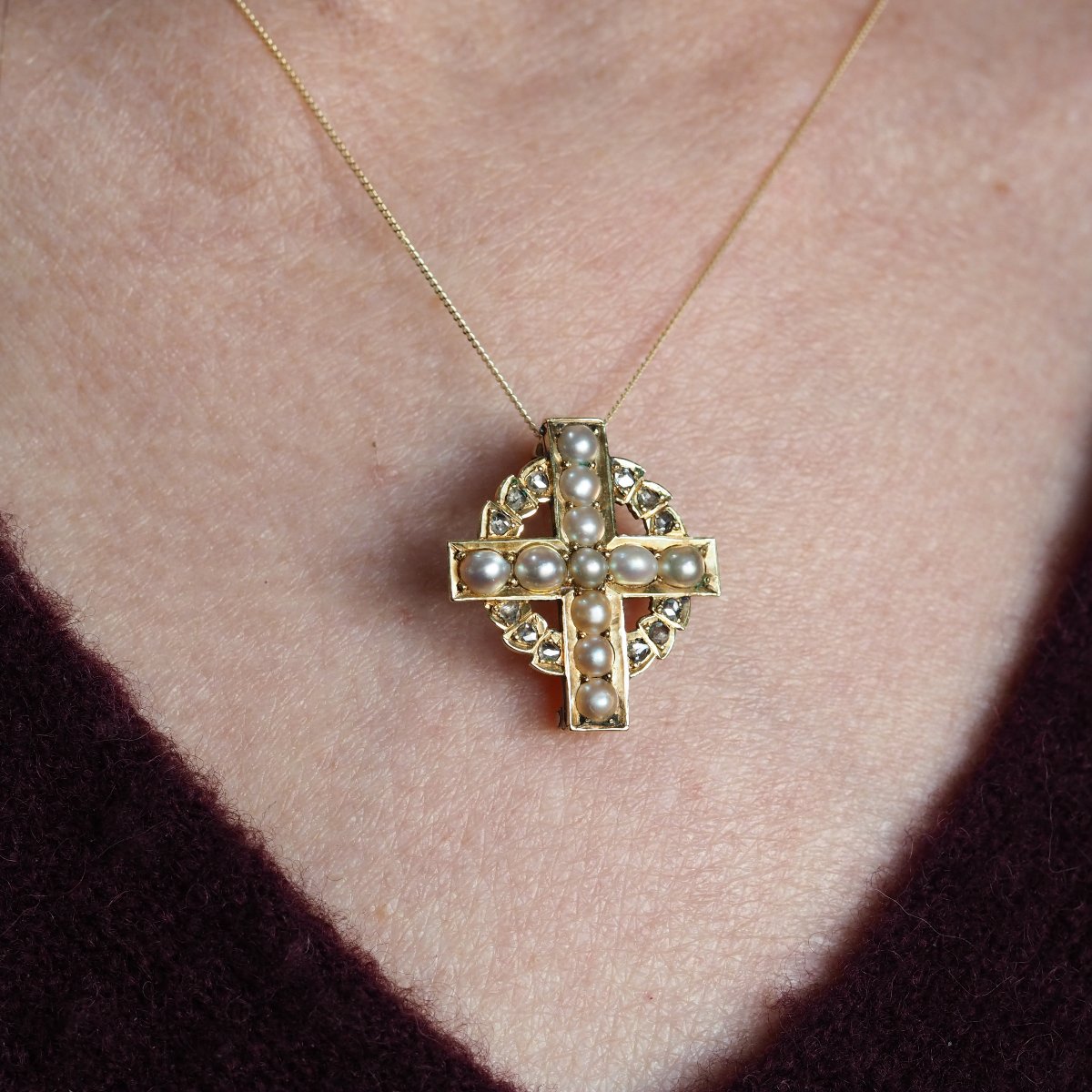 Antique Diamond And Pearl Cross Brooch/pendant 15k Gold C.1880-photo-4