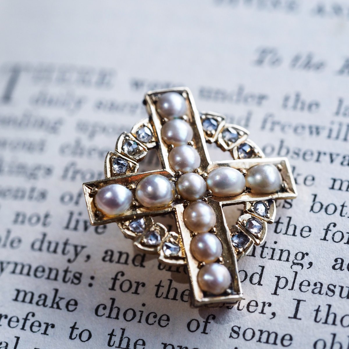 Antique Diamond And Pearl Cross Brooch/pendant 15k Gold C.1880-photo-7
