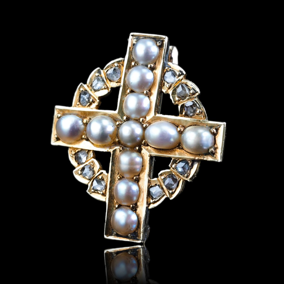 Antique Diamond And Pearl Cross Brooch/pendant 15k Gold C.1880