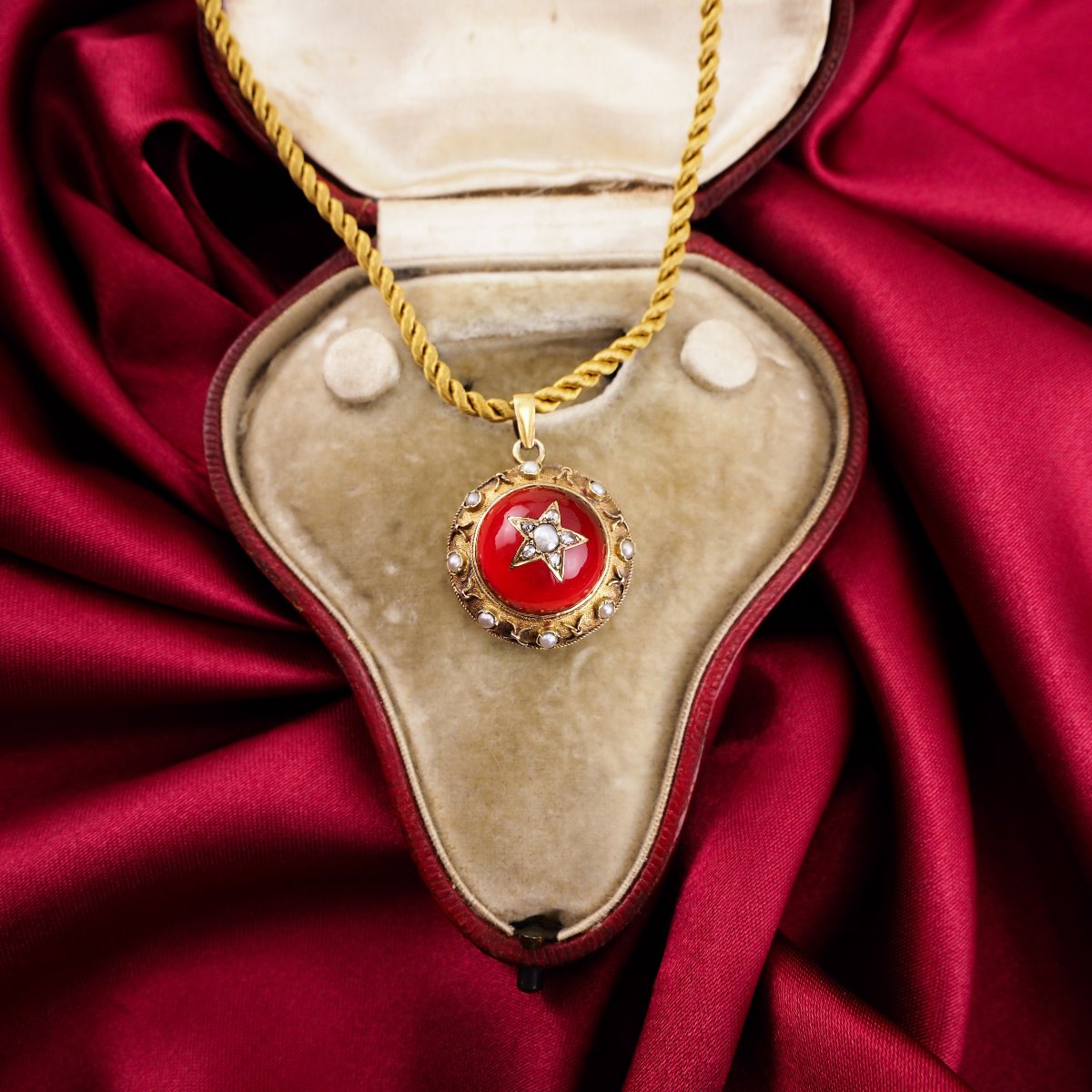 Collier ancien victorien à pendentif étoile serti de diamants, perles - Or 15K vers 1880-photo-3