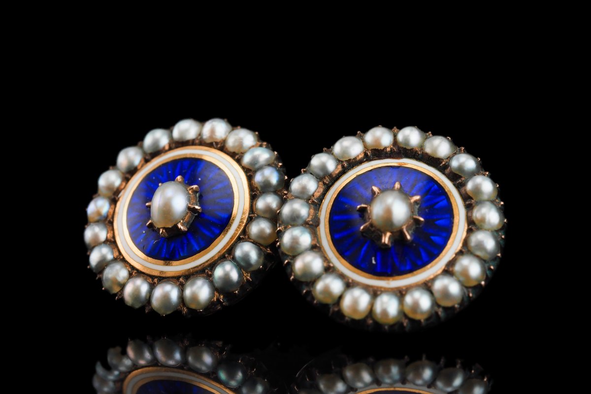 Boucles d’oreilles géorgiennes anciennes en or, émail guilloché bleu et perles – vers 1800-photo-4