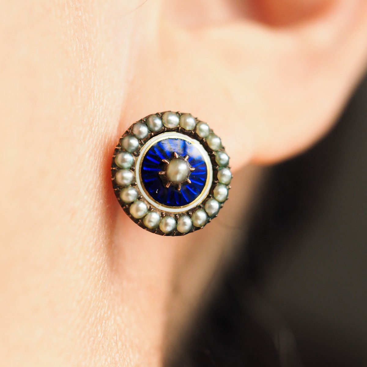 Boucles d’oreilles géorgiennes anciennes en or, émail guilloché bleu et perles – vers 1800-photo-4
