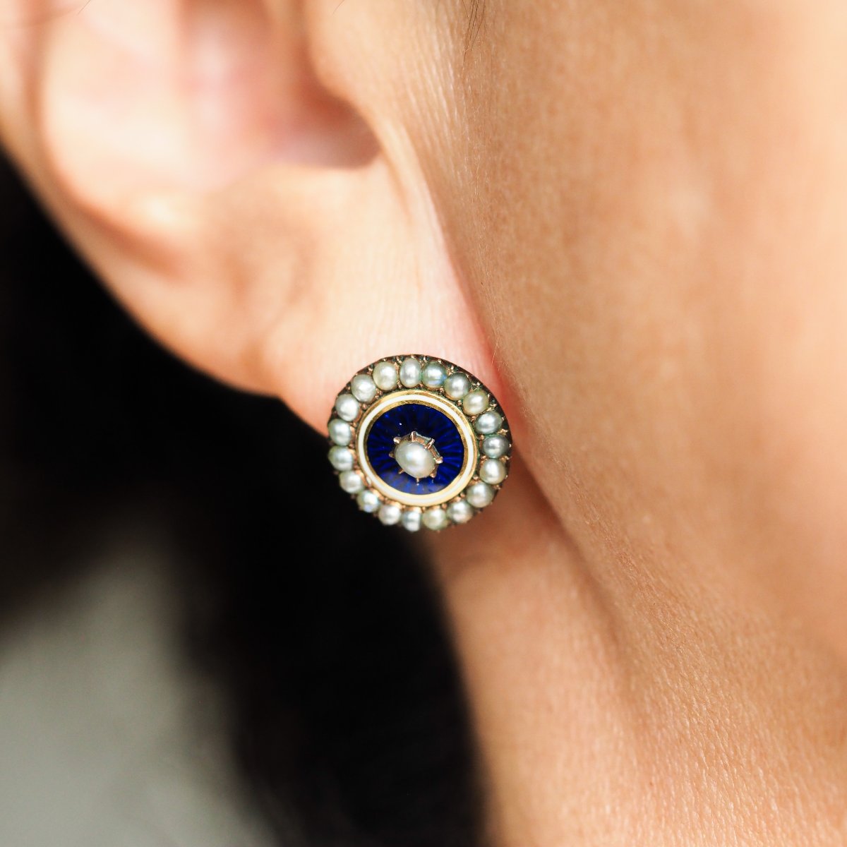 Boucles d’oreilles géorgiennes anciennes en or, émail guilloché bleu et perles – vers 1800-photo-5
