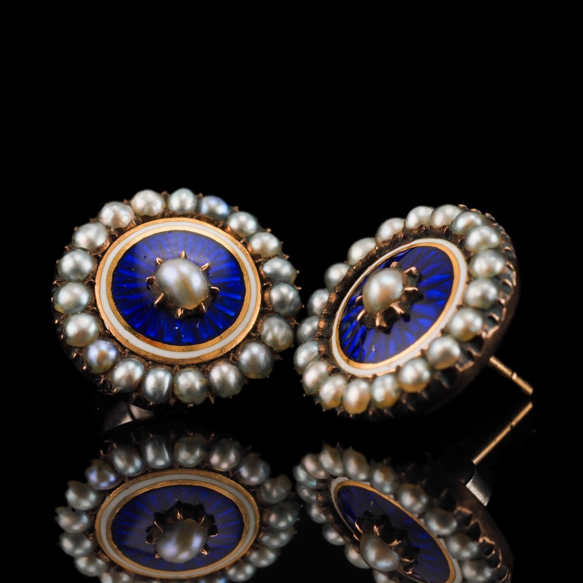 Boucles d’oreilles géorgiennes anciennes en or, émail guilloché bleu et perles – vers 1800-photo-7