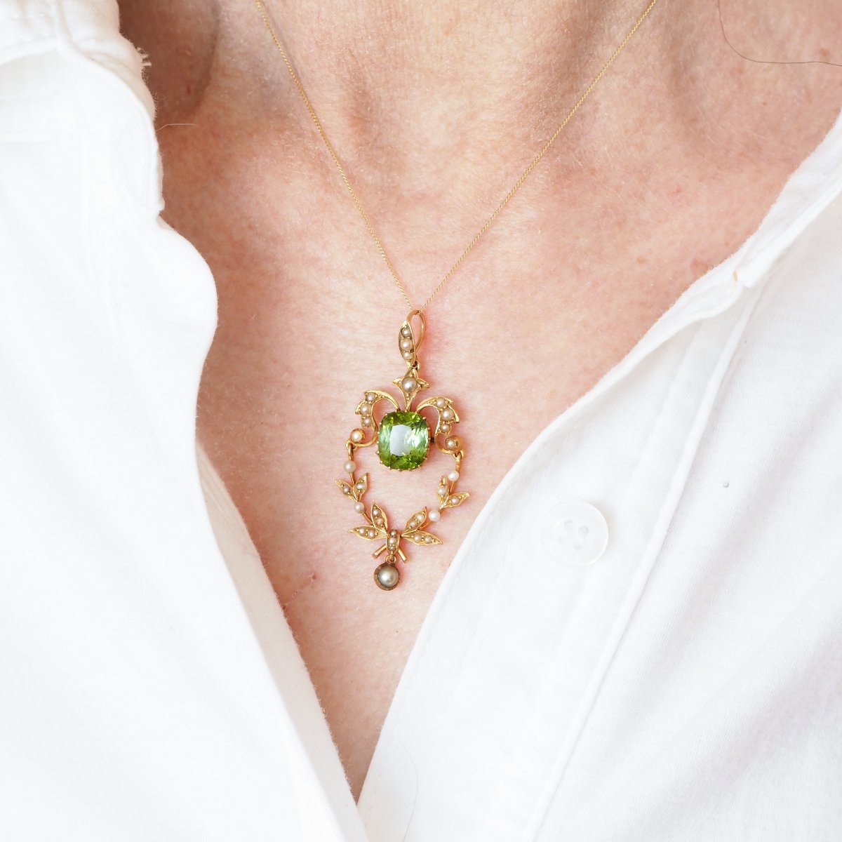 Antique Victorian Peridot Pendant Necklace, Pearls 14k Gold Original Box C.1890-photo-3