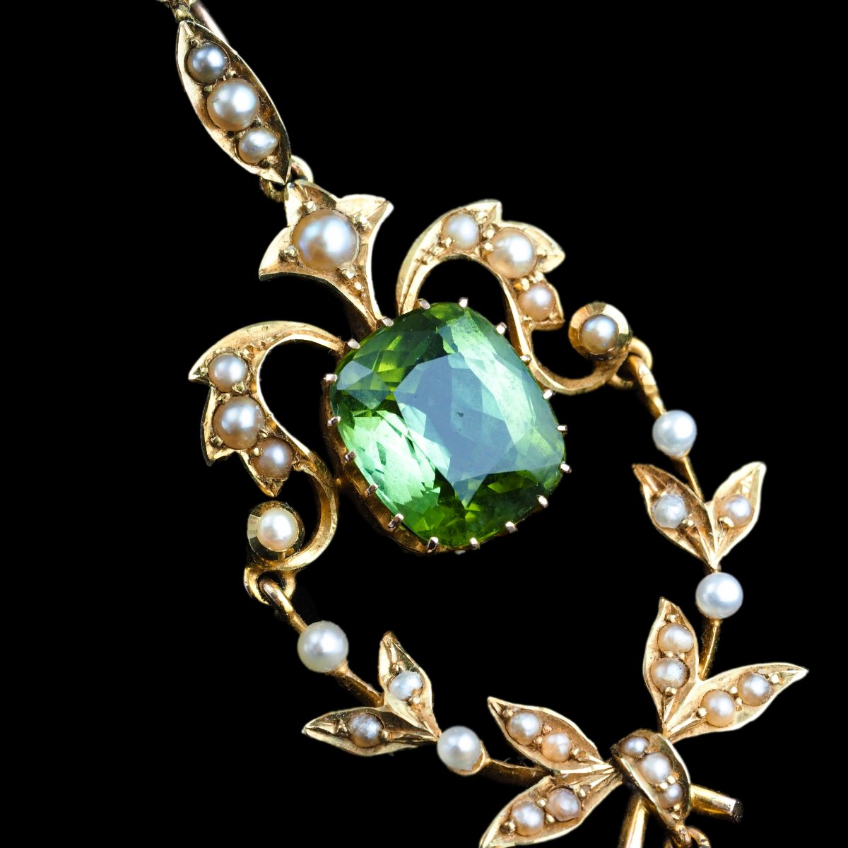 Antique Victorian Peridot Pendant Necklace, Pearls 14k Gold Original Box C.1890-photo-1