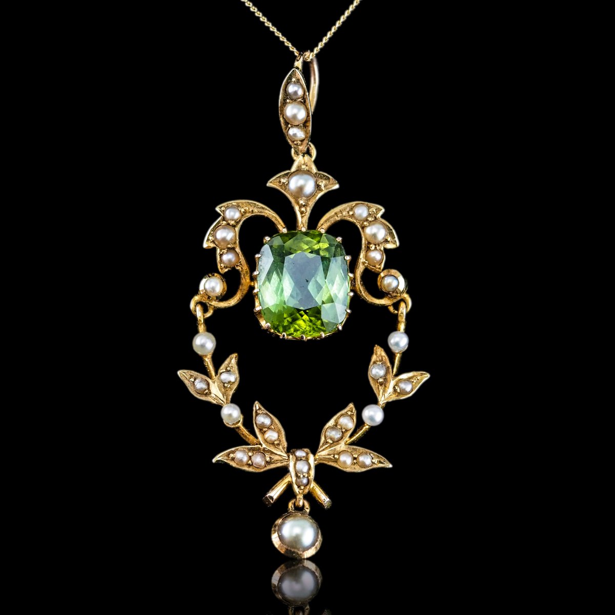 Antique Victorian Peridot Pendant Necklace, Pearls 14k Gold Original Box C.1890-photo-2