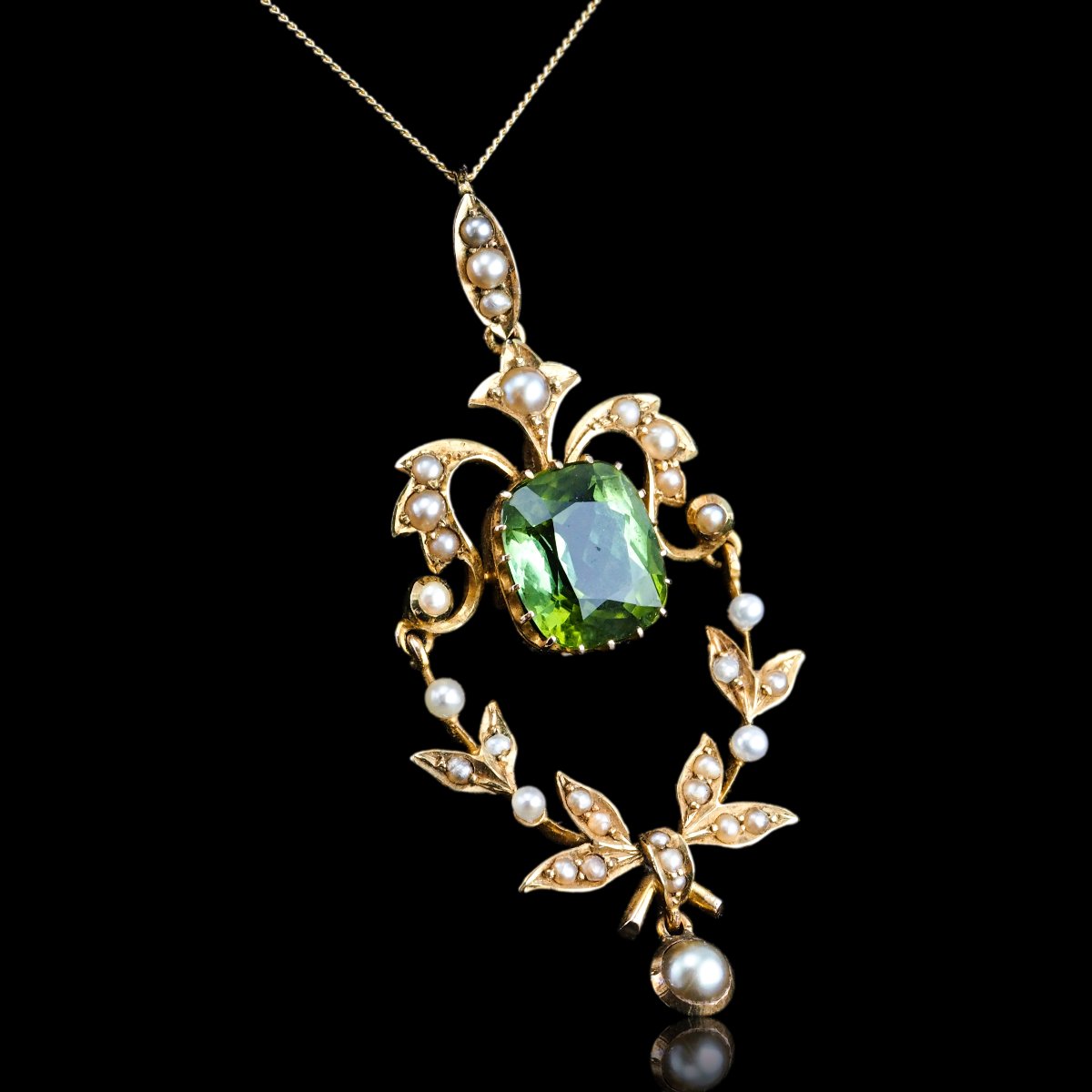 Antique Victorian Peridot Pendant Necklace, Pearls 14k Gold Original Box C.1890-photo-4