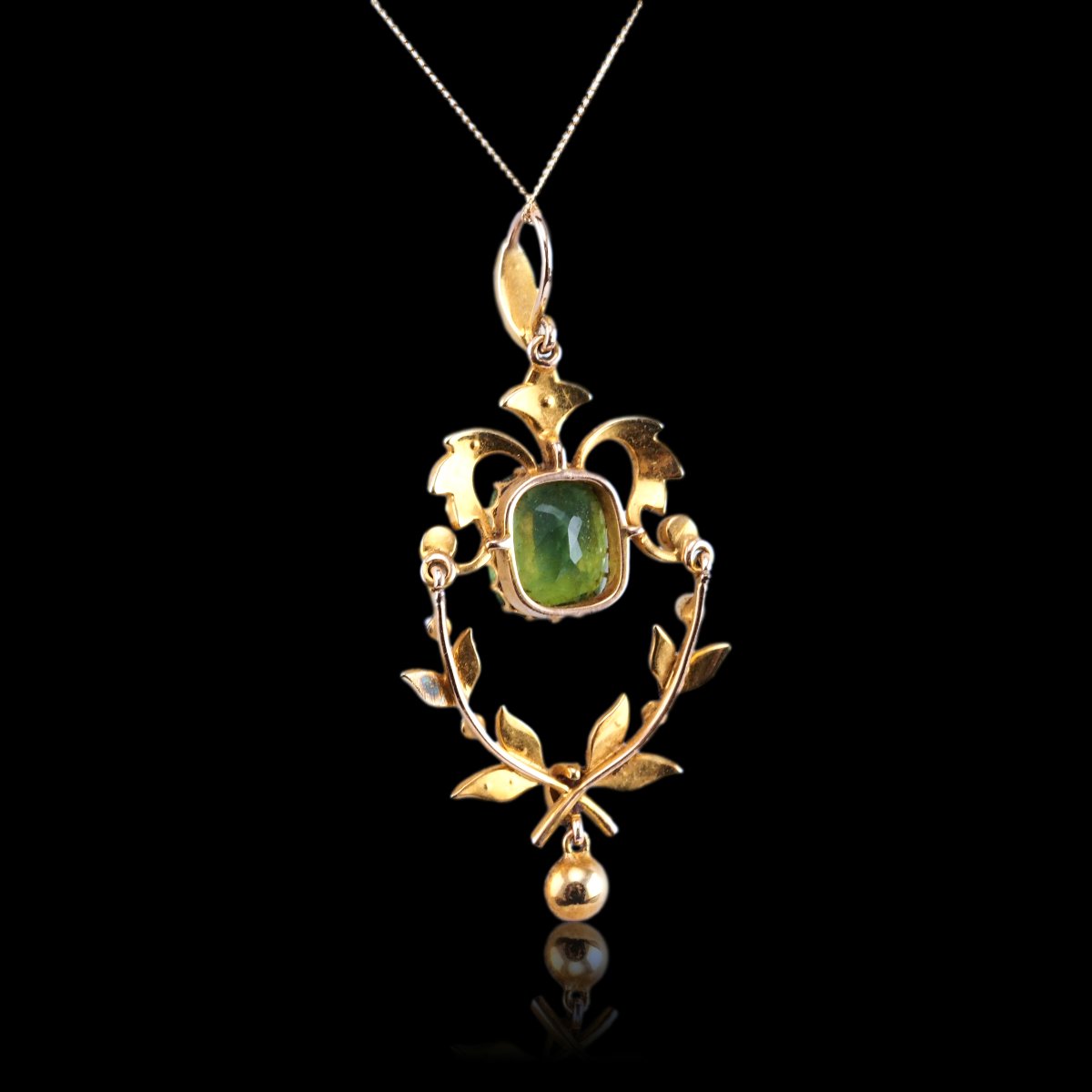 Antique Victorian Peridot Pendant Necklace, Pearls 14k Gold Original Box C.1890-photo-5