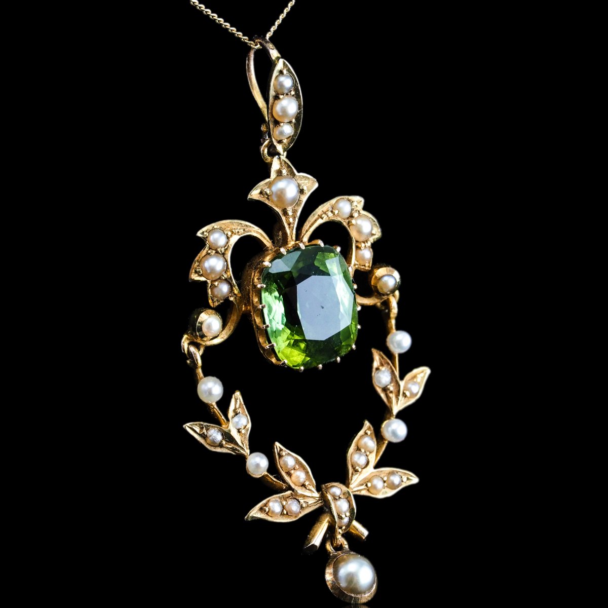 Antique Victorian Peridot Pendant Necklace, Pearls 14k Gold Original Box C.1890-photo-7