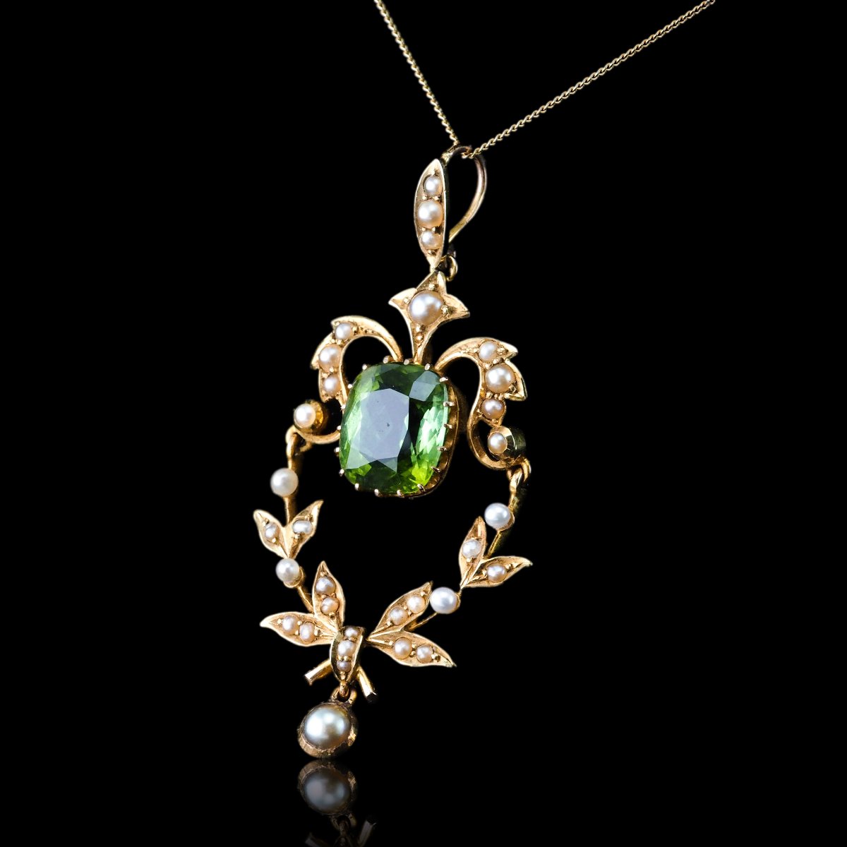 Antique Victorian Peridot Pendant Necklace, Pearls 14k Gold Original Box C.1890-photo-8