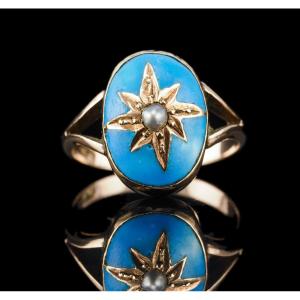 Antique Victorian Blue Enamel & Gold Star Pearl Ring 9k Gold - C.1880