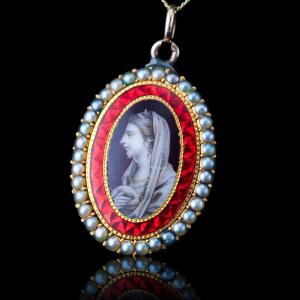 Collier pendentif ancien géorgien à miniature sépia, en or 9K, vers 1800