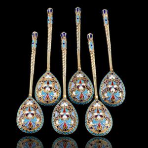 6 cuillères anciennes russes en argent et émail cloisonné – Dmitri Nikolaïevitch vers 1900