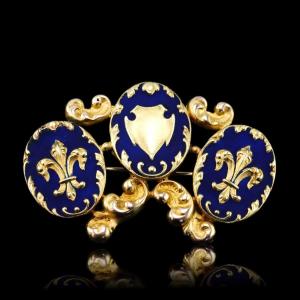 Broche ancienne en or 18 carats à émail bleu fleur-de-lys – XIXᵉ siècle