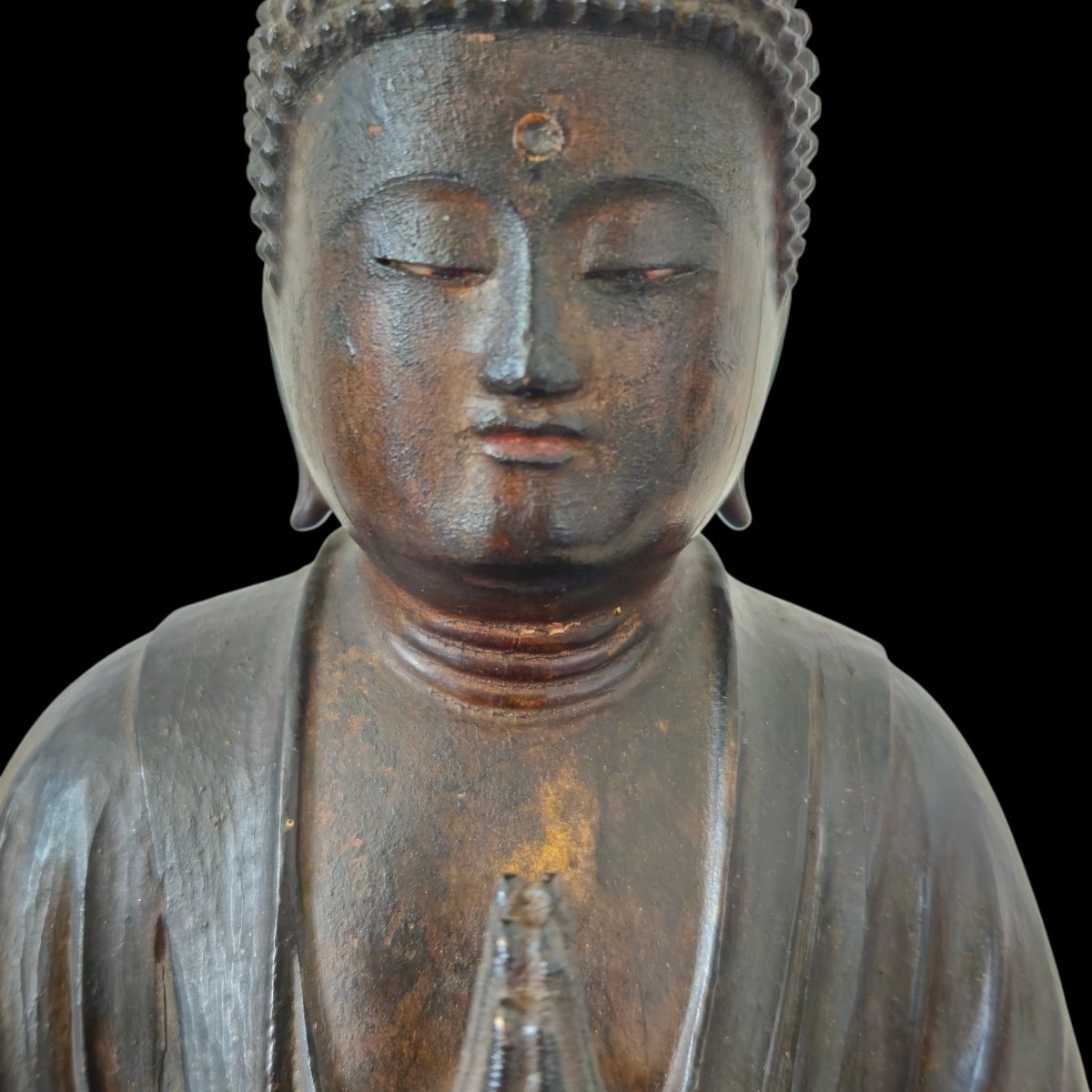 Bouddha Shakyamuni japonais en bois et dorure-photo-4