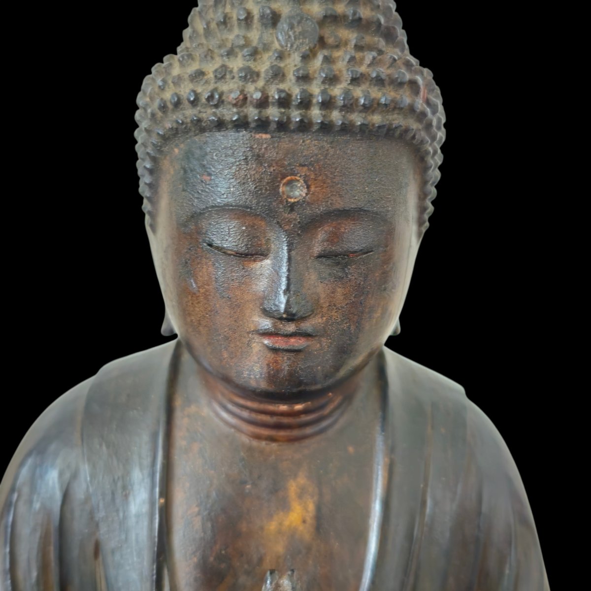 Bouddha Shakyamuni japonais en bois et dorure-photo-5