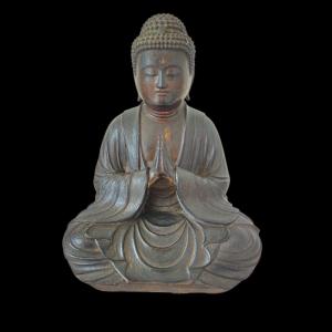 Bouddha Shakyamuni japonais en bois et dorure
