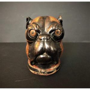 Bulldog Head Inkwell First Half Of The XIX Century In Carved Wood