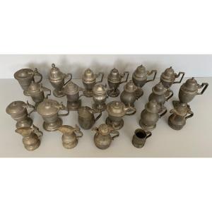 Collection Of Mustard Pots And Small Pewter Pitchers 19th