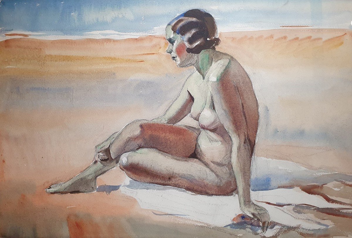 Nude At The Beach, Watercolor And Pencil, 1930s-photo-2