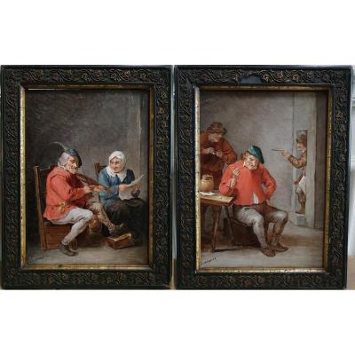 Blanche Grégoire, Paire De Plaques En Faïence Peintes