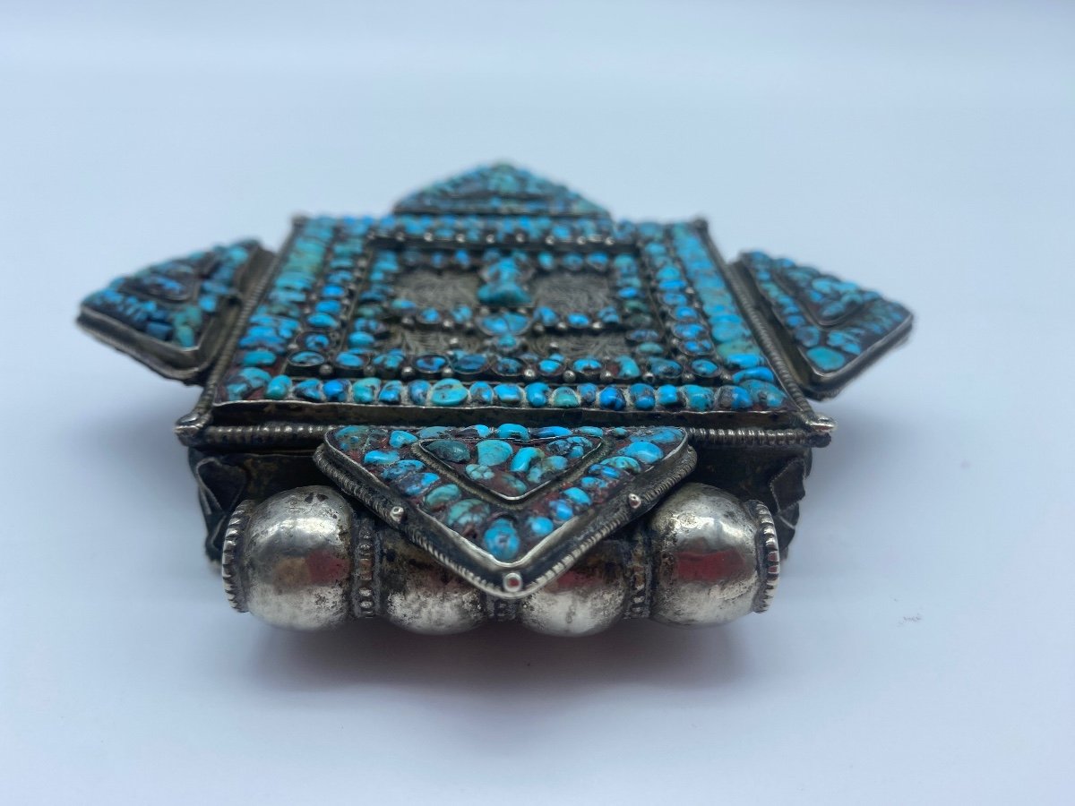 Tibet XIX Rare Gau Amulet Box In Silver In The Shape Of A Mandala-photo-7