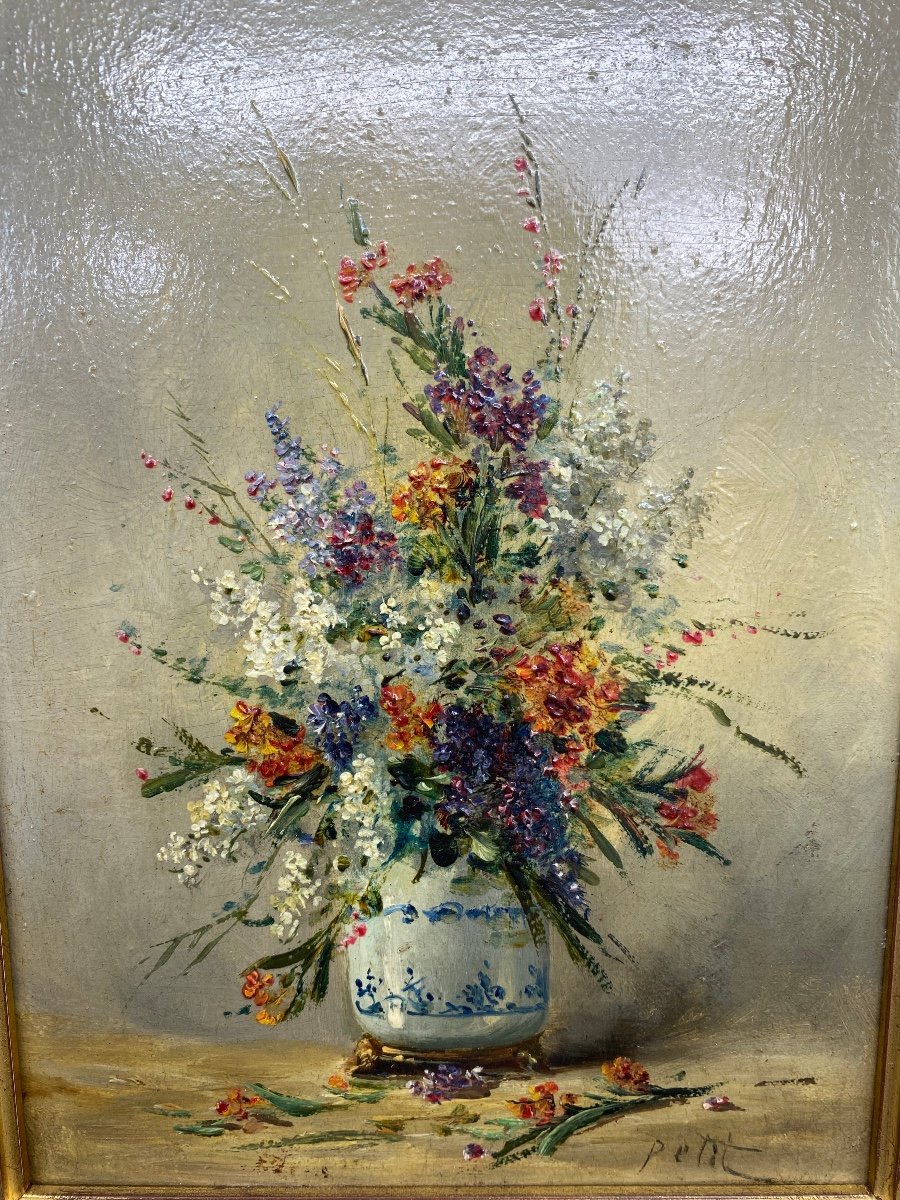 France XIX Eugène Petit (1839-1886) Oil Painting On Panel Vase Of Wild Flowers-photo-2