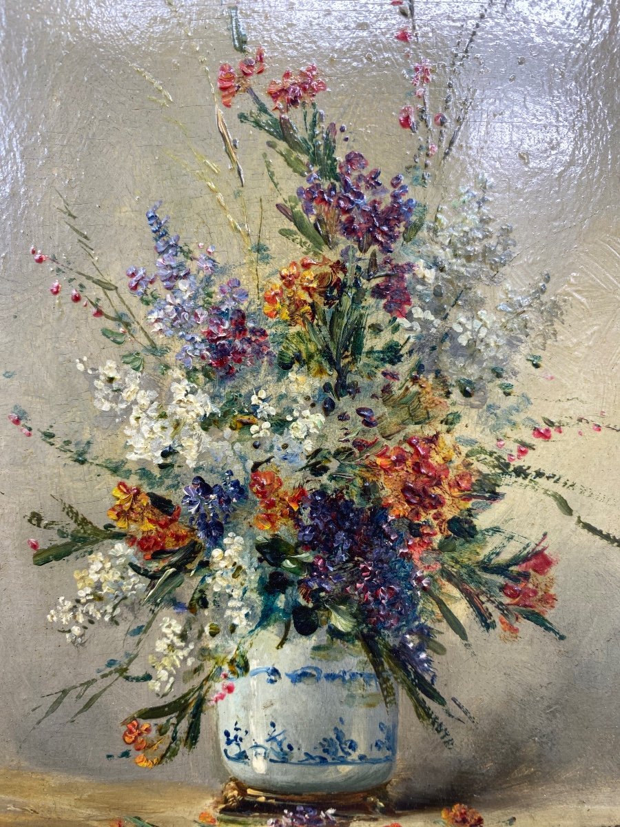 France XIX Eugène Petit (1839-1886) Oil Painting On Panel Vase Of Wild Flowers-photo-4