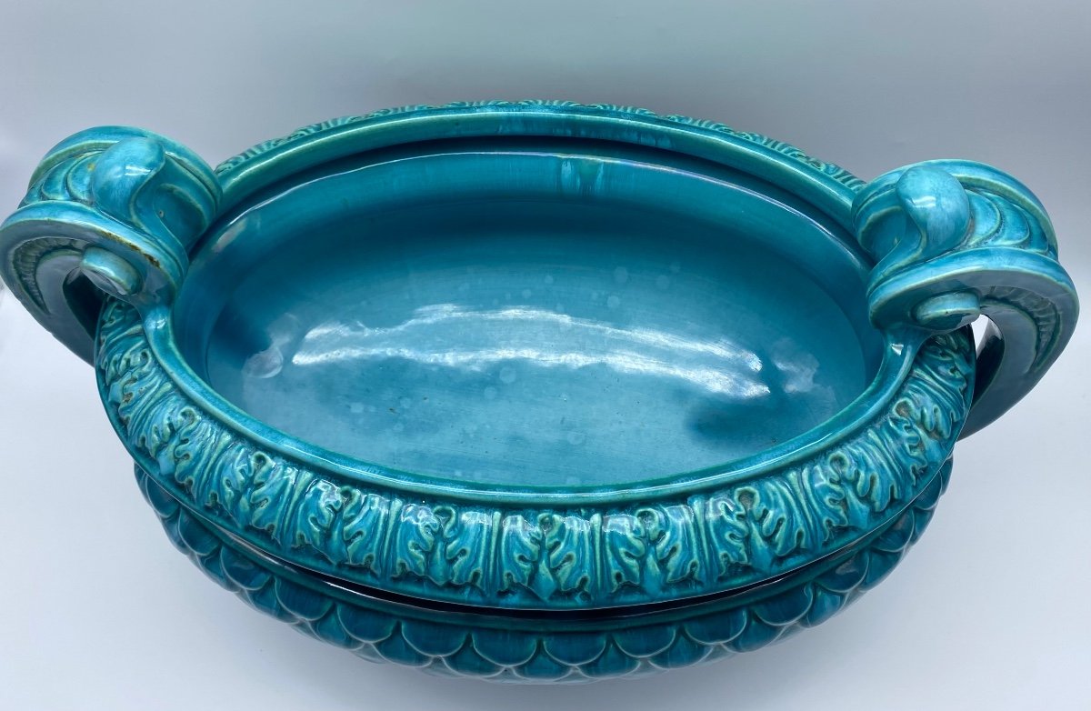  Large Turquoise Enamelled Majolica Planter Jérôme Massier Vallauris-photo-4