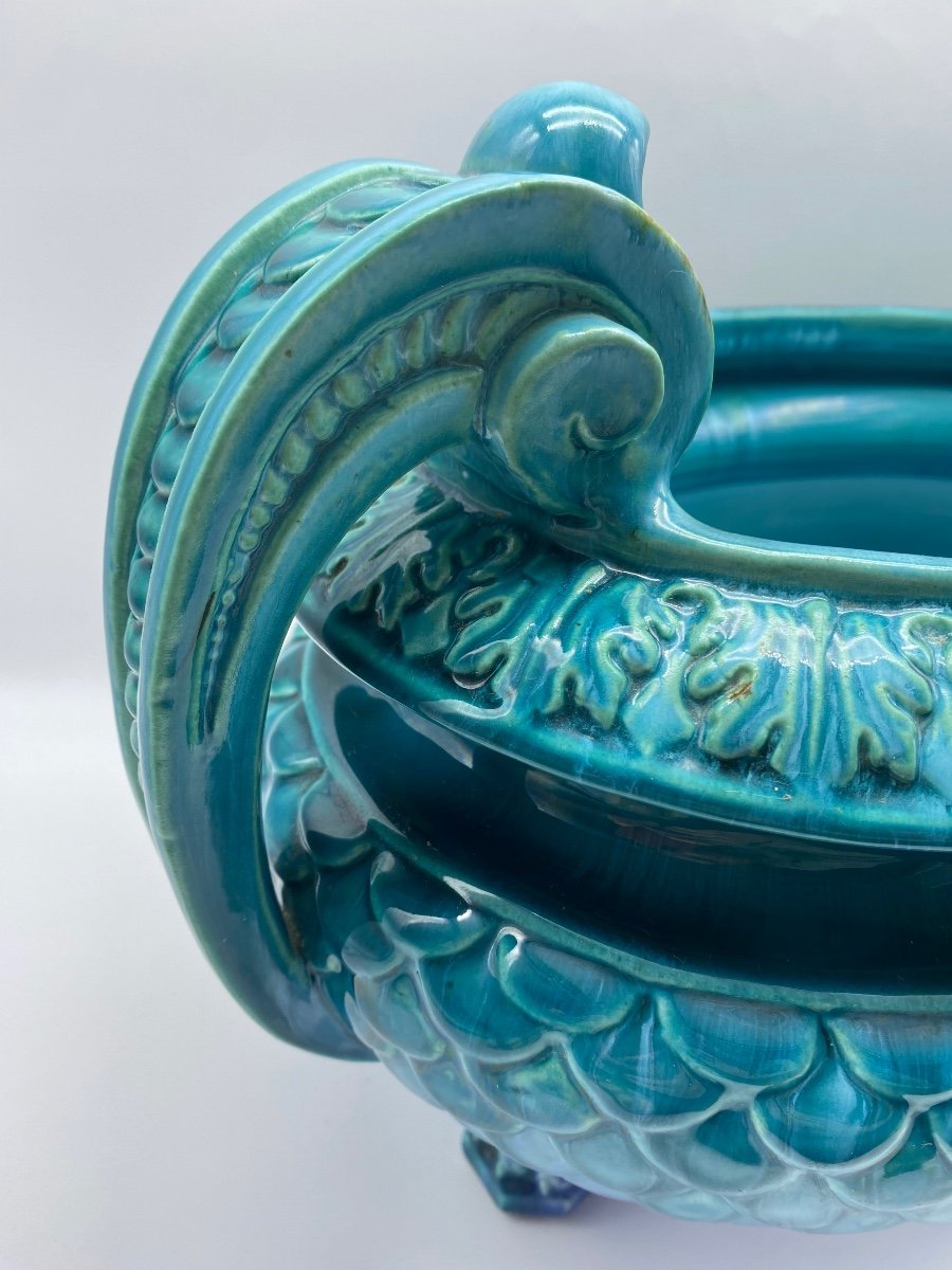  Large Turquoise Enamelled Majolica Planter Jérôme Massier Vallauris-photo-4