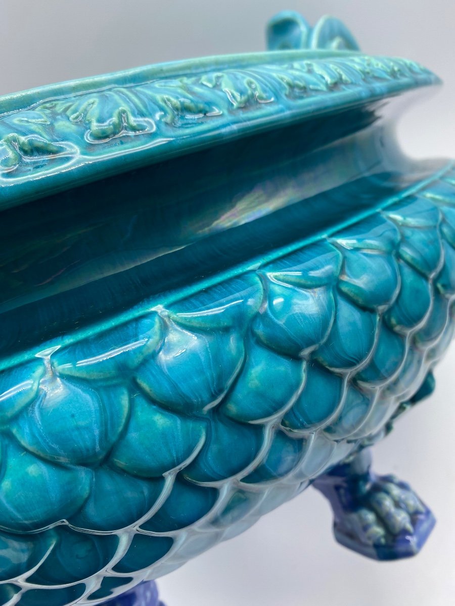  Large Turquoise Enamelled Majolica Planter Jérôme Massier Vallauris-photo-6