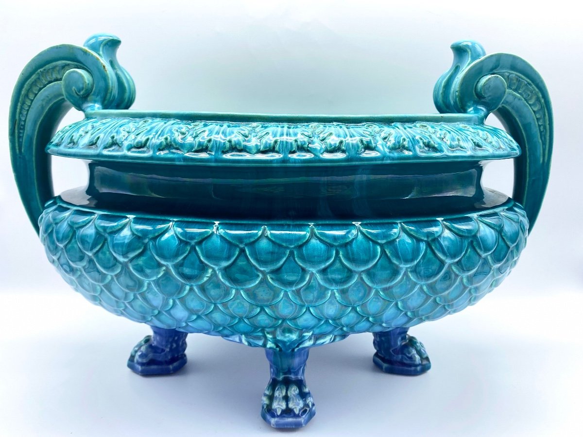 Large Turquoise Enamelled Majolica Planter Jérôme Massier Vallauris