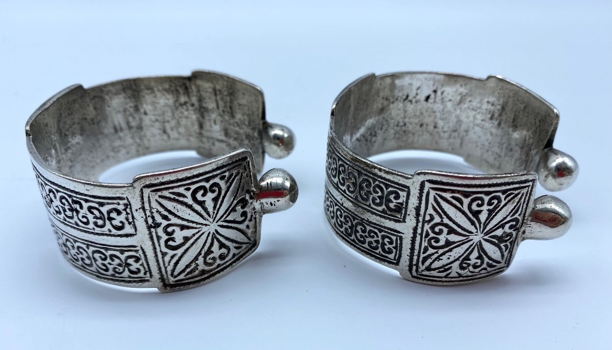 Ancienne paire de Bracelets de cheville Berbères Ethniques En Argent Marocain-photo-4