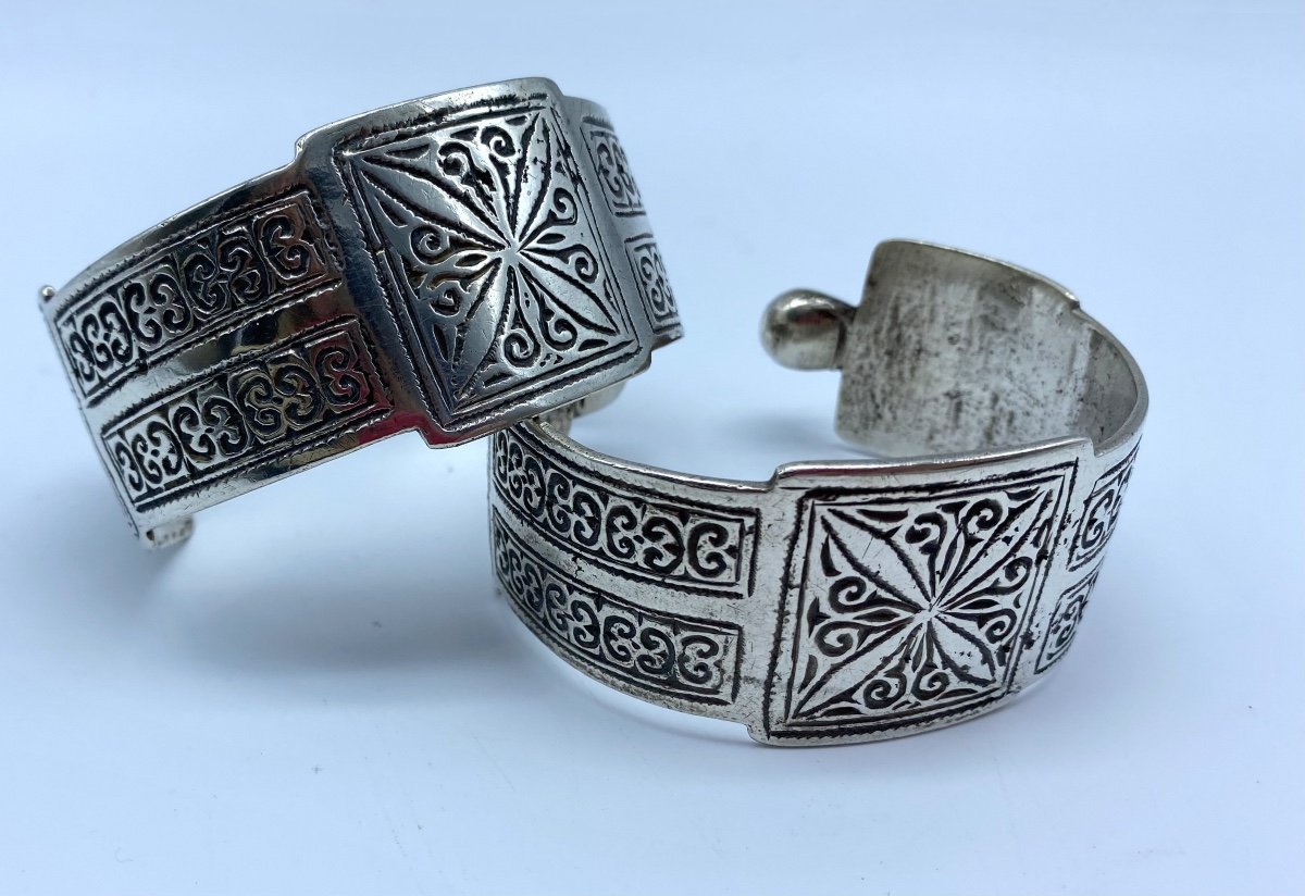 Ancienne paire de Bracelets de cheville Berbères Ethniques En Argent Marocain-photo-7