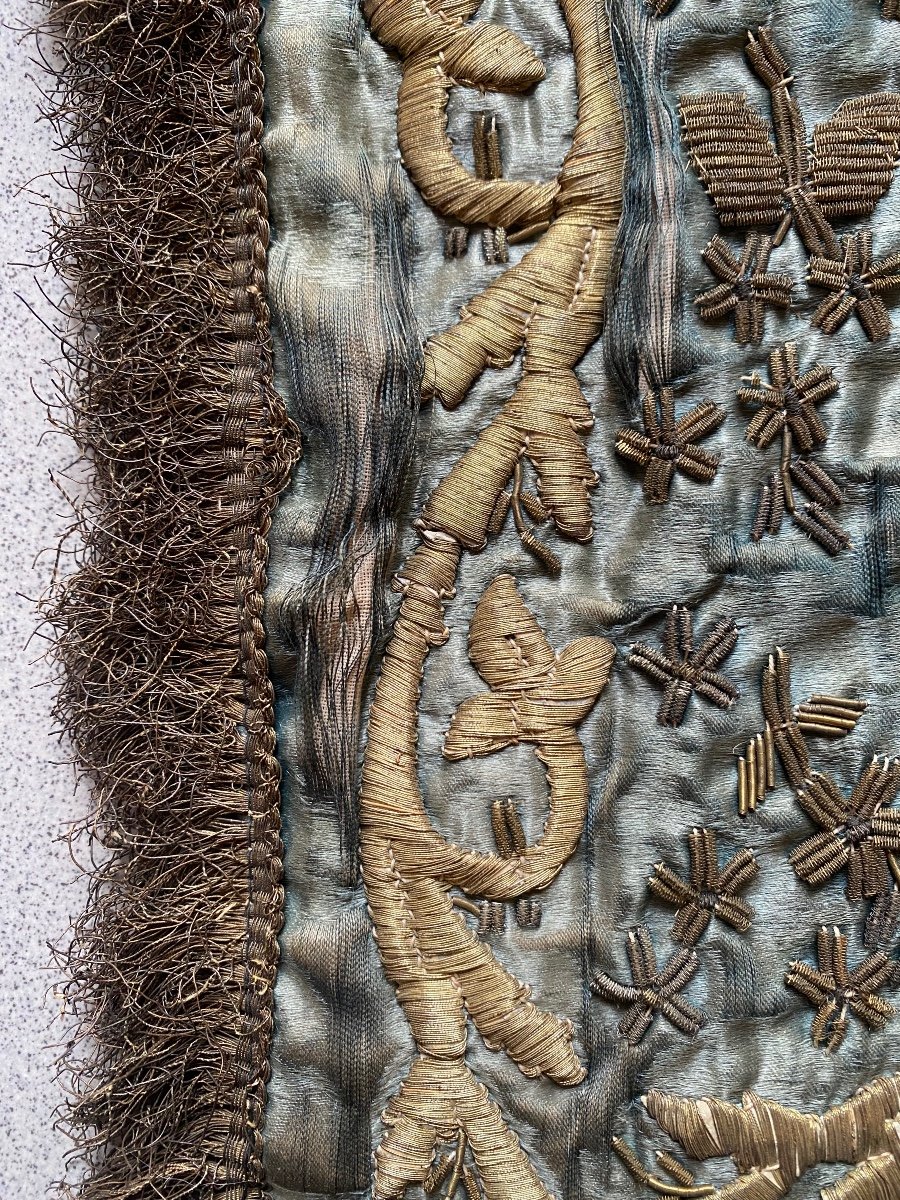 XIX Antique Indo-persian Zardozi Silver And Gold Thread Embroidery On Silk-photo-5
