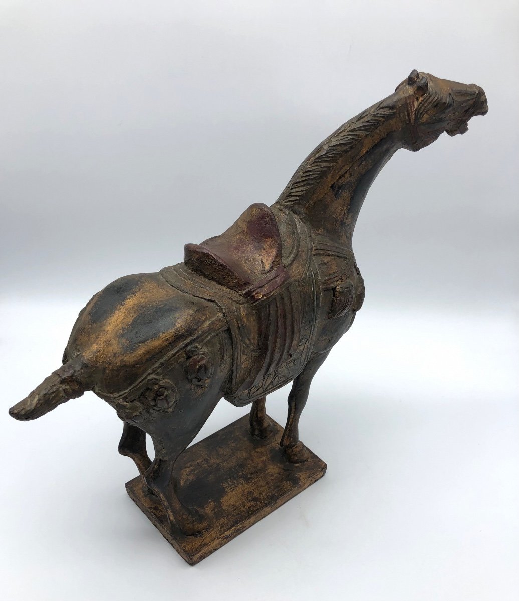 Old Chinese Style Tang Horse Statue In Polychrome Carved Wood Early 20th Century-photo-4
