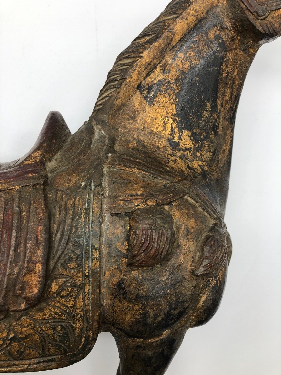 Old Chinese Style Tang Horse Statue In Polychrome Carved Wood Early 20th Century-photo-3