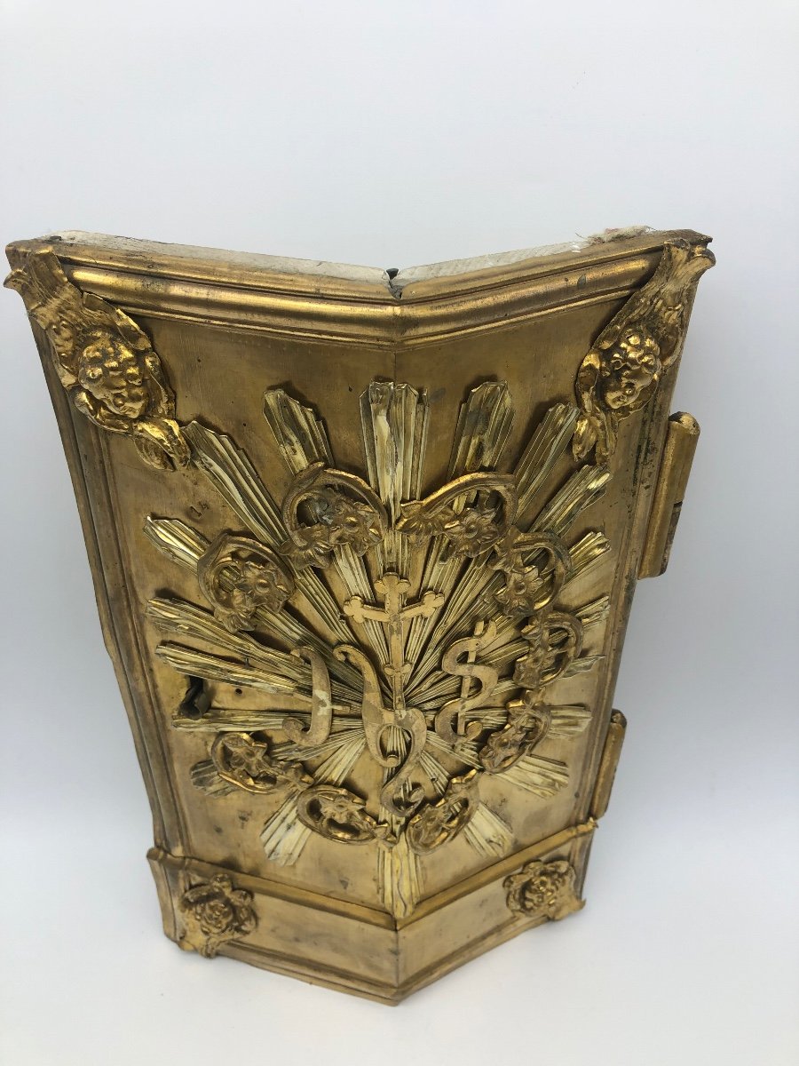Antique XIX French Tabernacle Door In Wood And Gilded Metal-photo-3