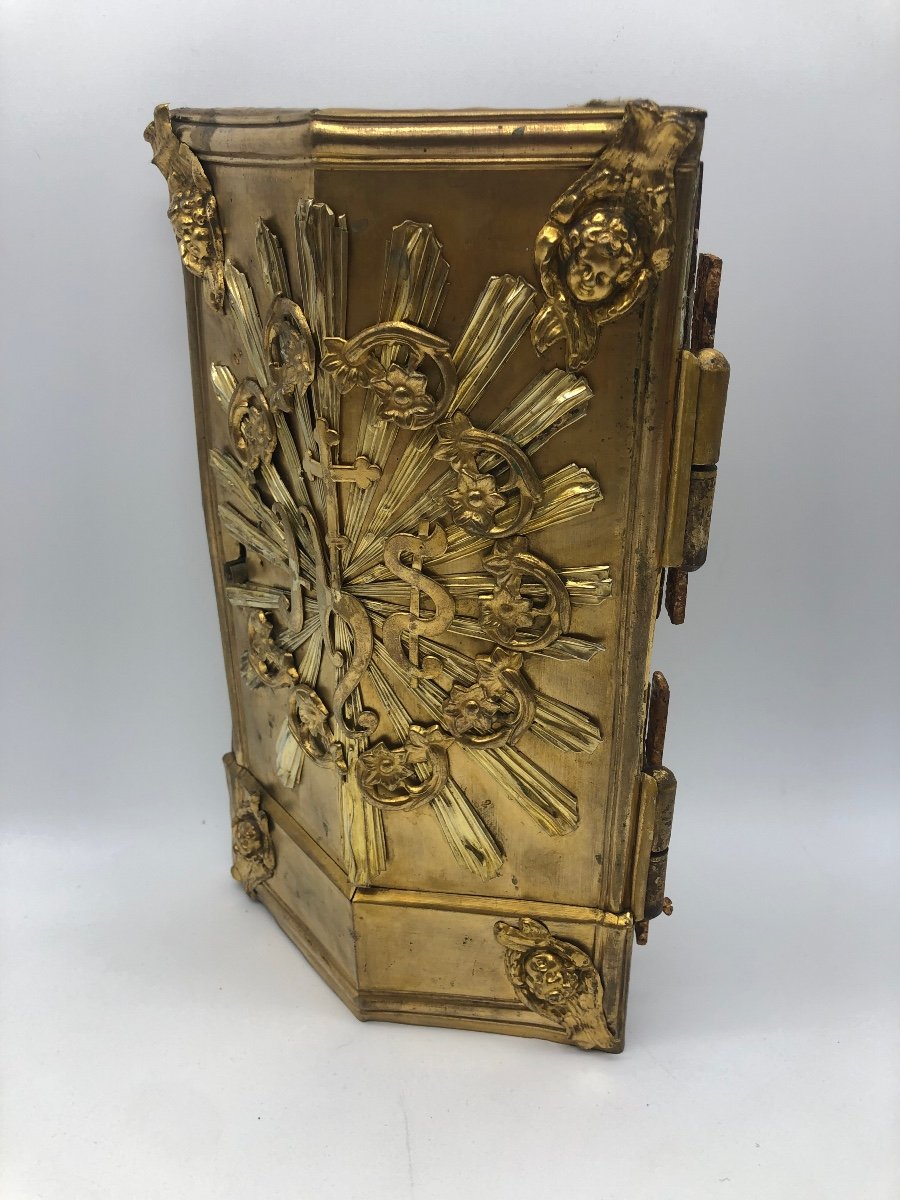 Antique XIX French Tabernacle Door In Wood And Gilded Metal-photo-4