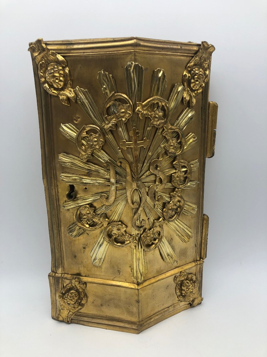 Antique XIX French Tabernacle Door In Wood And Gilded Metal