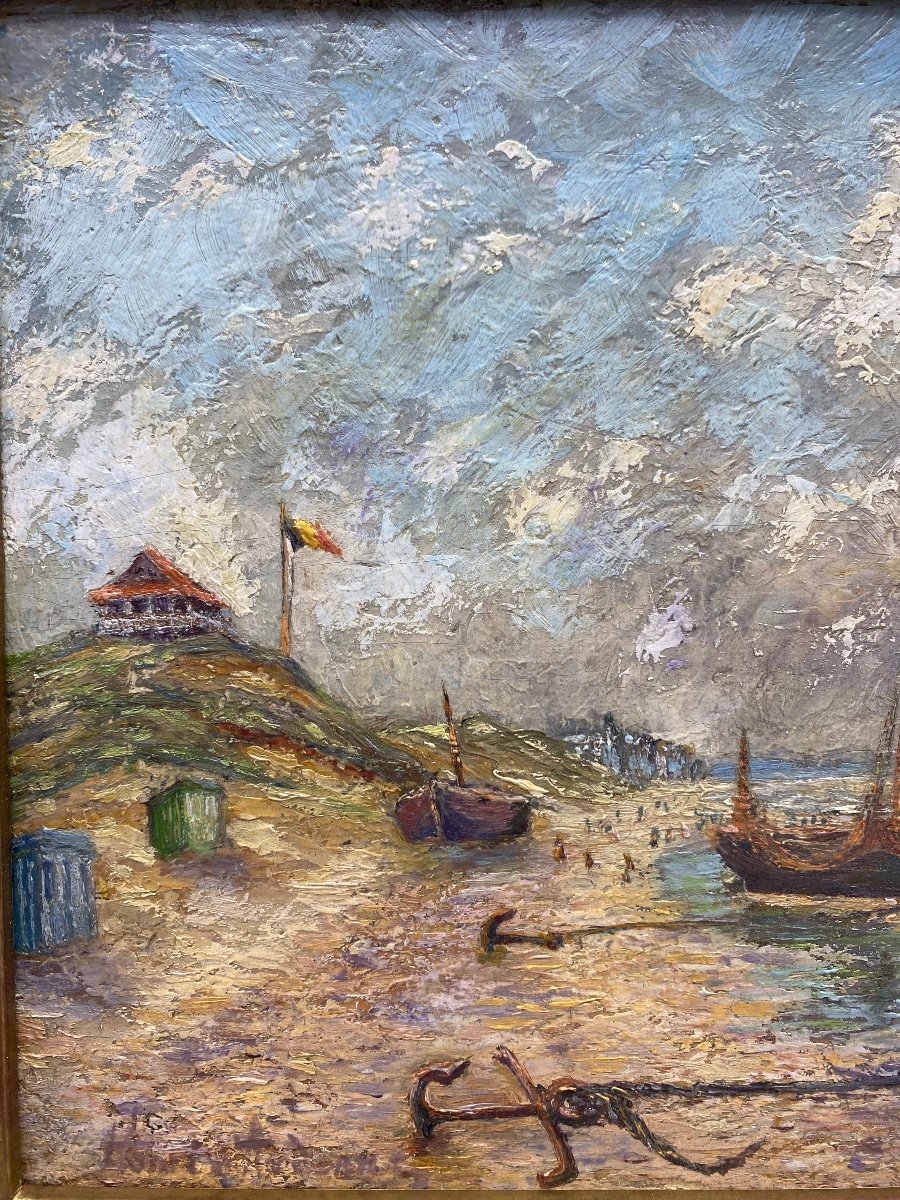 XIX Belgique Peinture huile sur panneau scène marine de la plage Belge-photo-3