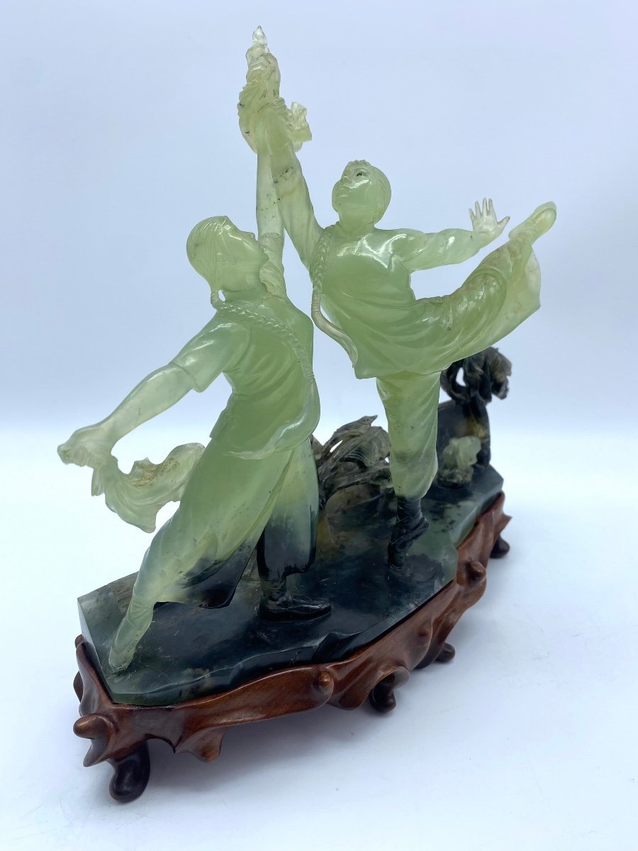 Rare Chinese Serpentine Cultural Revolution 1960/1970 Carved Group Sculpture Of Ballet Dansers -photo-2