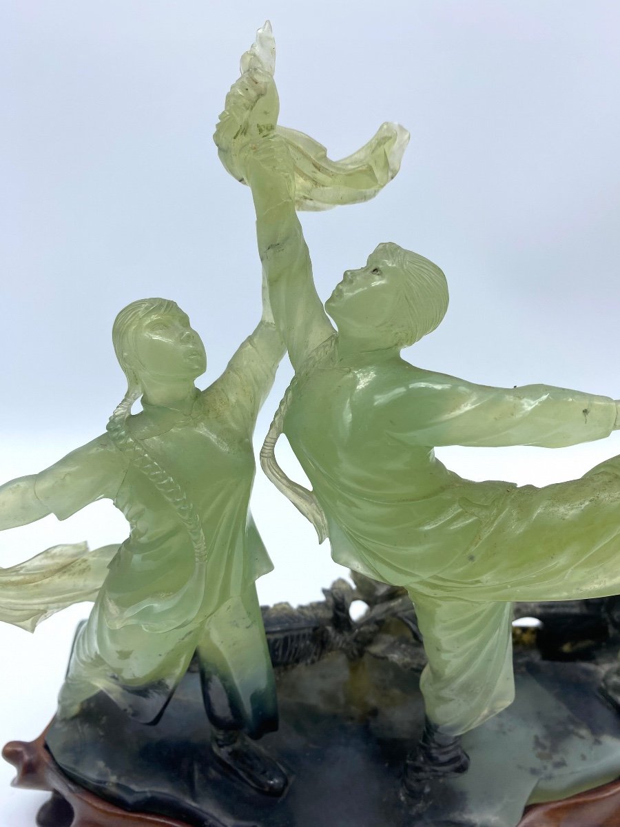 Rare Chinese Serpentine Cultural Revolution 1960/1970 Carved Group Sculpture Of Ballet Dansers -photo-3