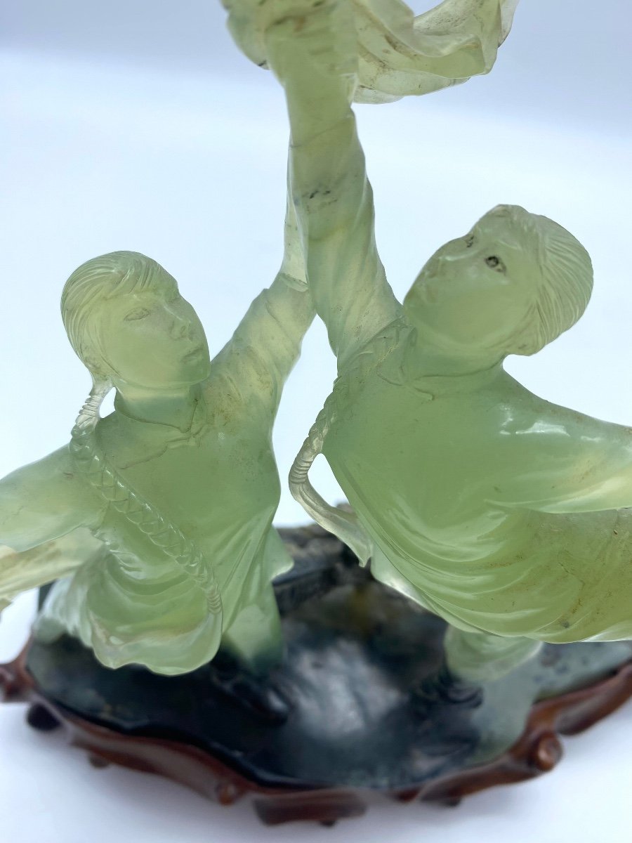 Rare Chinese Serpentine Cultural Revolution 1960/1970 Carved Group Sculpture Of Ballet Dansers -photo-4