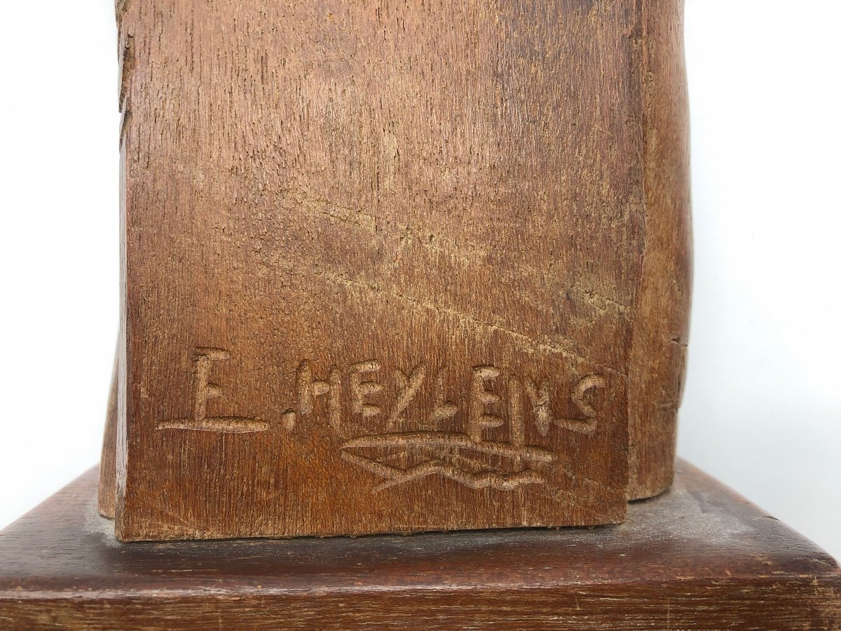 Belgique Ancien Buste Tete De Femme Art Deco En Bois Sculpté Ernest Heylens-photo-3