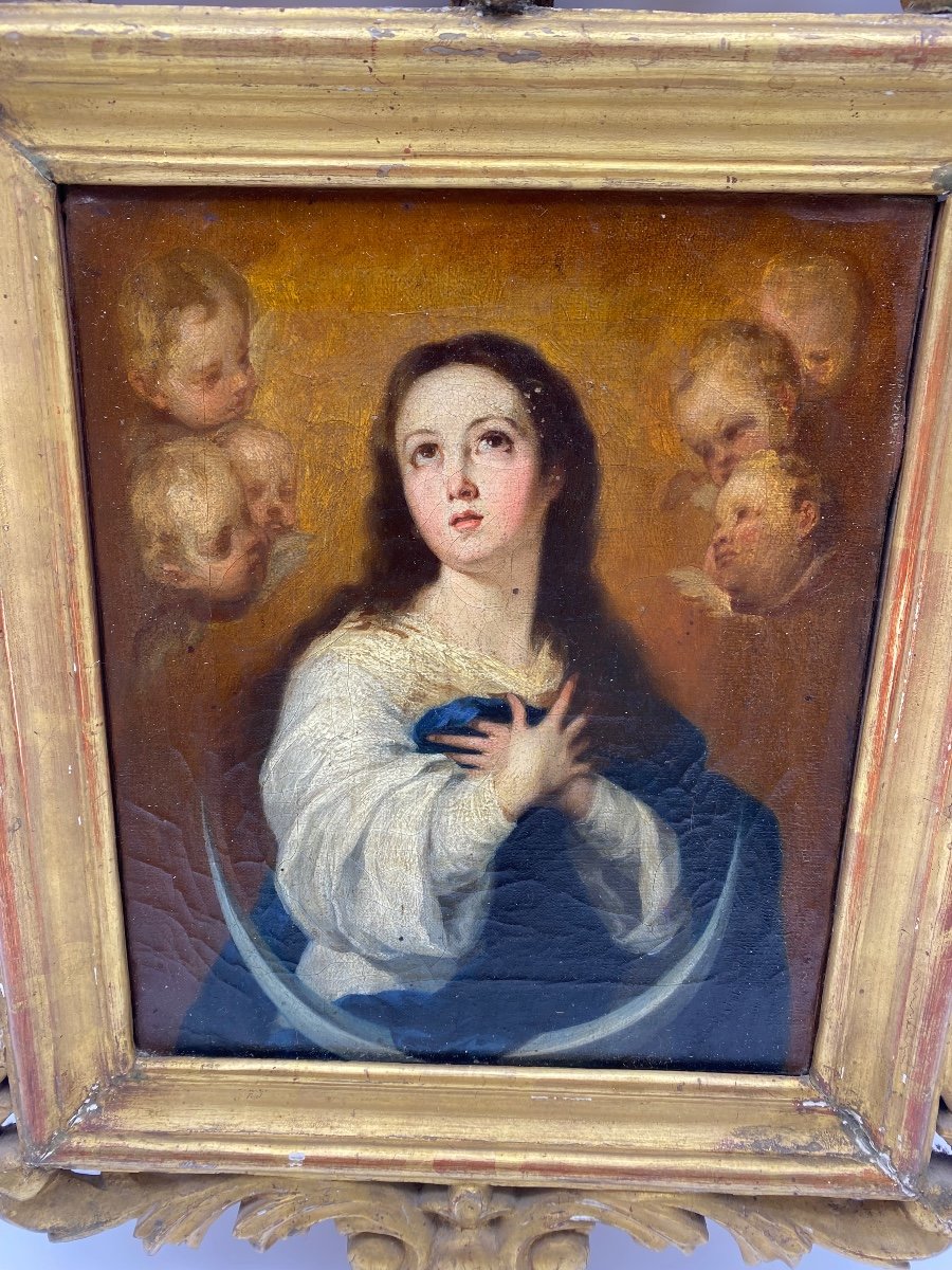 Fin XVIII Espagne Peinture Portrait Huile Sur Toile Maria Immaculée Murillo -photo-2
