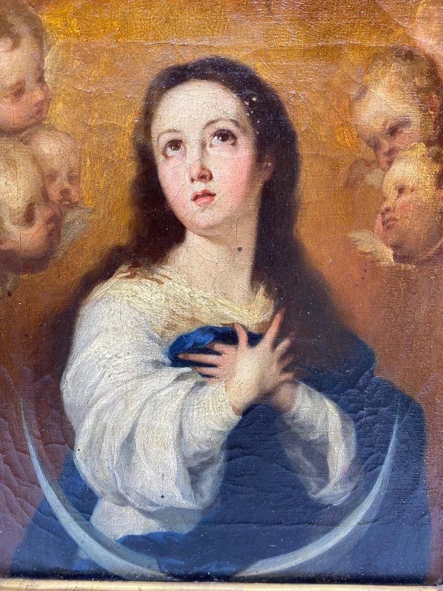 Fin XVIII Espagne Peinture Portrait Huile Sur Toile Maria Immaculée Murillo -photo-3