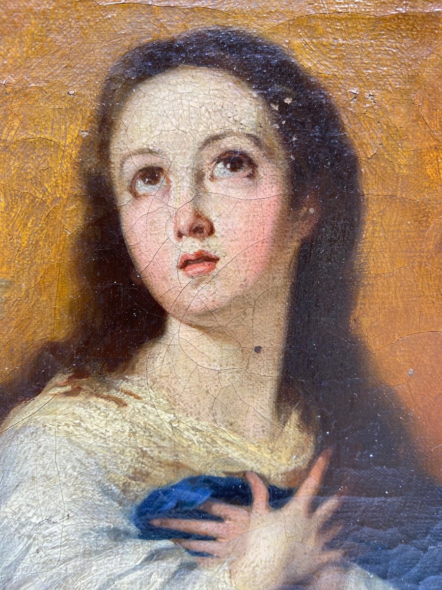 Fin XVIII Espagne Peinture Portrait Huile Sur Toile Maria Immaculée Murillo -photo-4