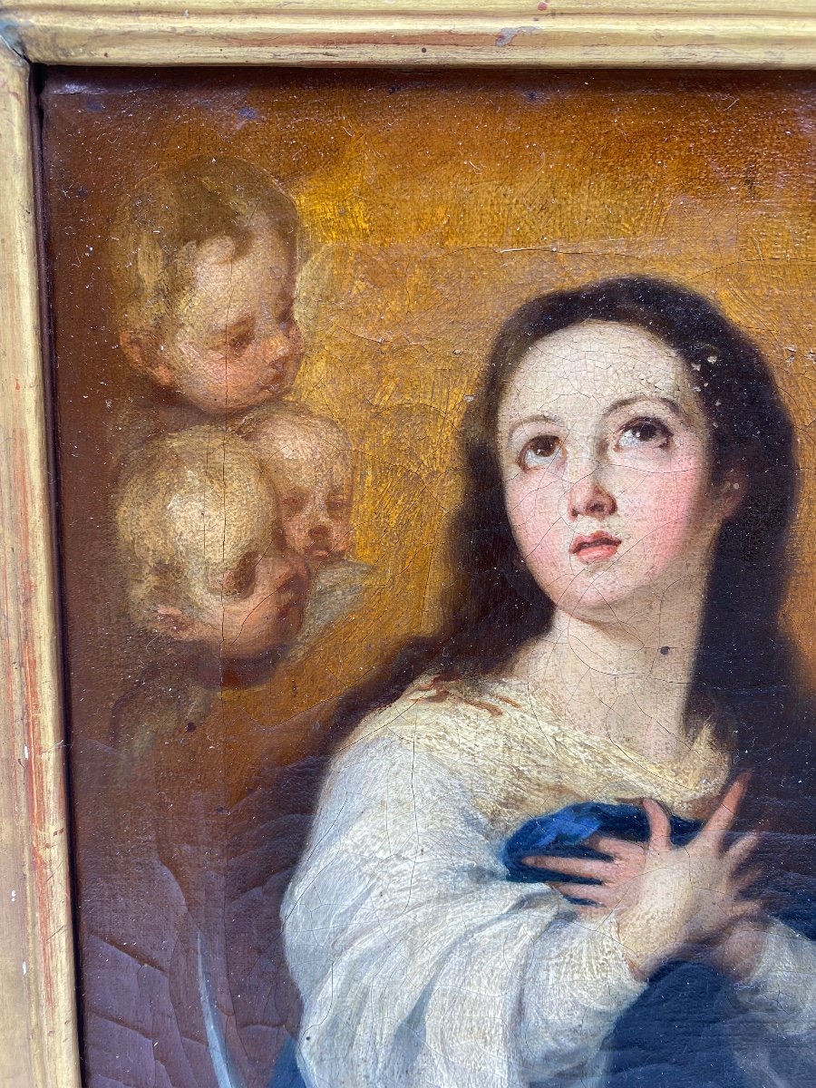 Fin XVIII Espagne Peinture Portrait Huile Sur Toile Maria Immaculée Murillo -photo-2